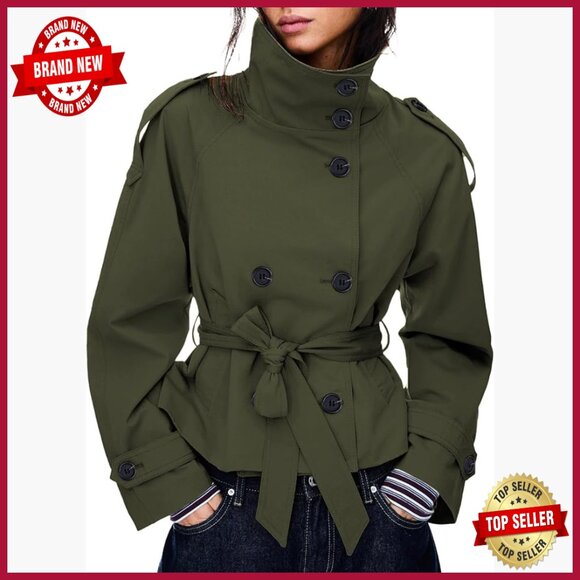 Jackets & Blazers - Cropped Trench Coat Double Breasted Belted Jacket Fall Winter Outerwear